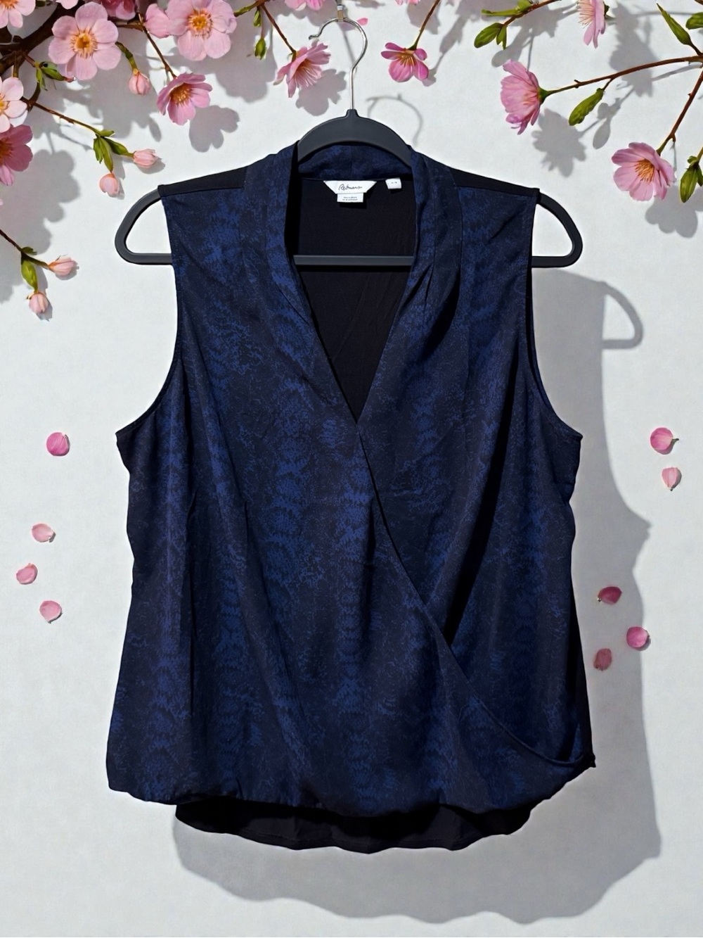 Reitmans Black & Navy Animal Print Crossover Front Sleeveless Top